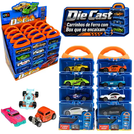 Kit Maleta 10 Carrinhos De Ferro Miniatura Resistente Compatível Hotwheels Die Cast