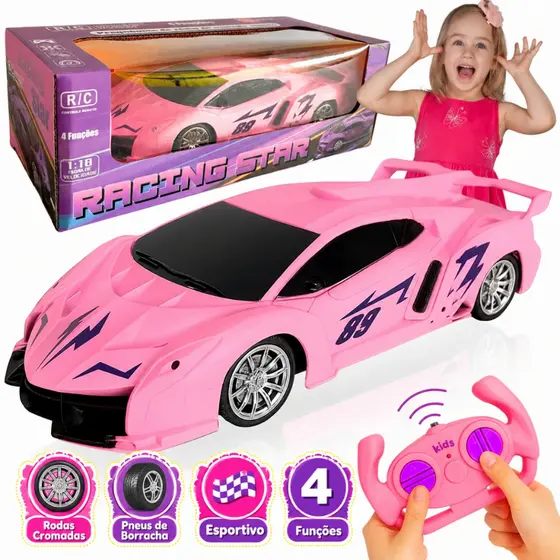 Carrinho de Controle Remoto Rosa com Luz Brinquedo de Menina Pilhas Inclusas