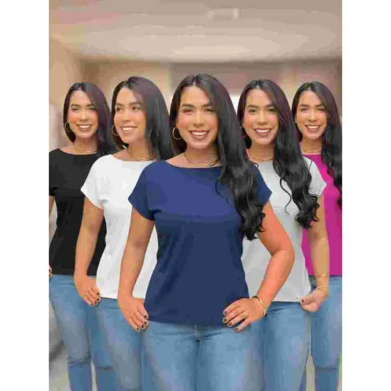 Blusa Feminina Básica Tecido em Malha Viscolycra - Blusinha  Gola Canoa ( Boat)  -  T-shirt Leve e Confortável Soltinha