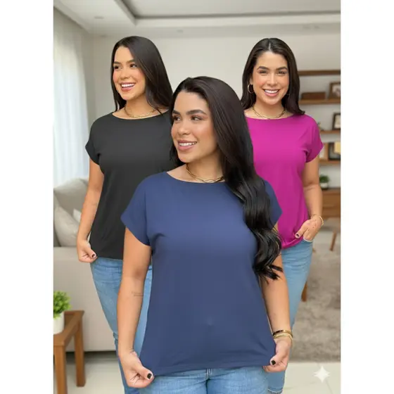 Kit 3 Blusa T-Shirts  Feminina Gola Canoa Viscolycra Premium Blusinha Plus size Soltinha Manga Curta Básica Confortável