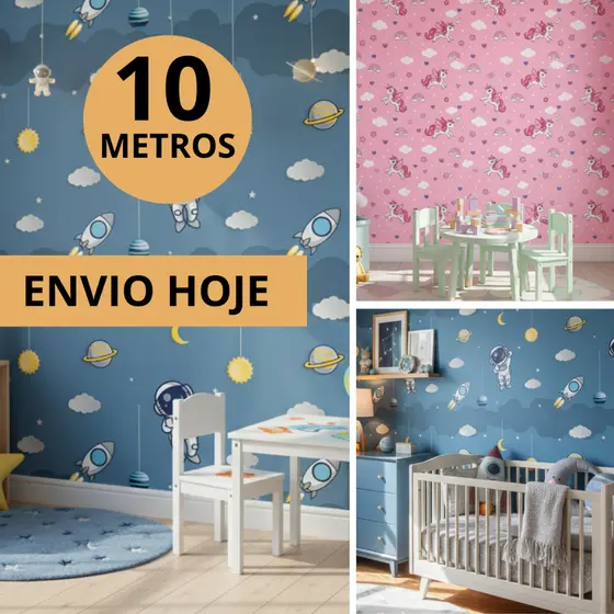Papel de Parede Infantil Quarto Menino Menina Criança Unicórnio Nuvens Astronauta Céu Adesivo