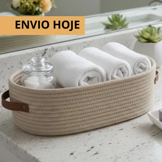 Cesto Organizador De Banheiro Algodão Trançado Alça De Couro Multiuso Porta Papel Toalha