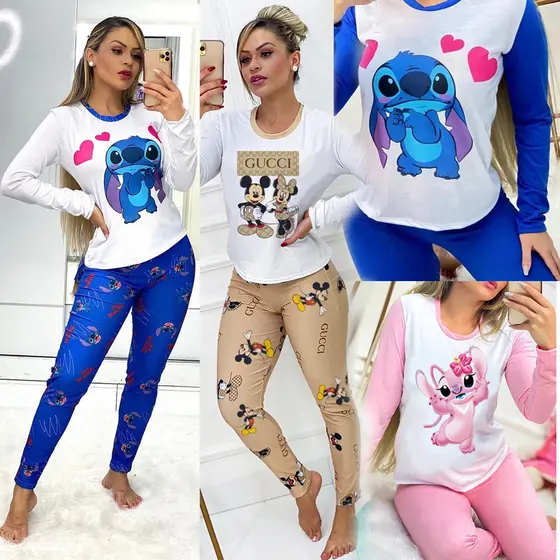 Pijama Feminino Manga Longa e Calça Luxo Inverno Personagens