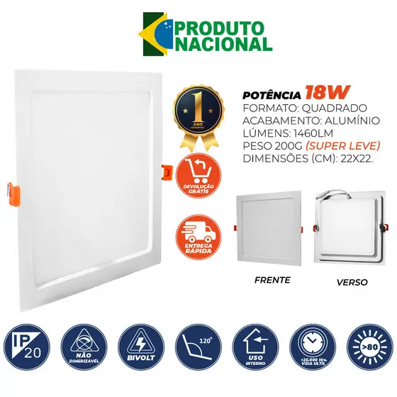 KIT 10 Painel Plafon Quadrado 18w 22X22 Cm Embutir Luminaria De Teto Palide