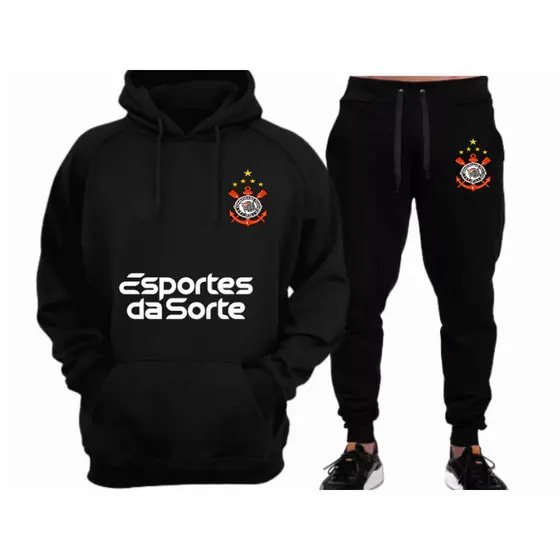 Conjunto Moletom Adulto Blusa de Frio Canguru Unissex Kit Blusa e Calça Moletom Torcedor Corinthians