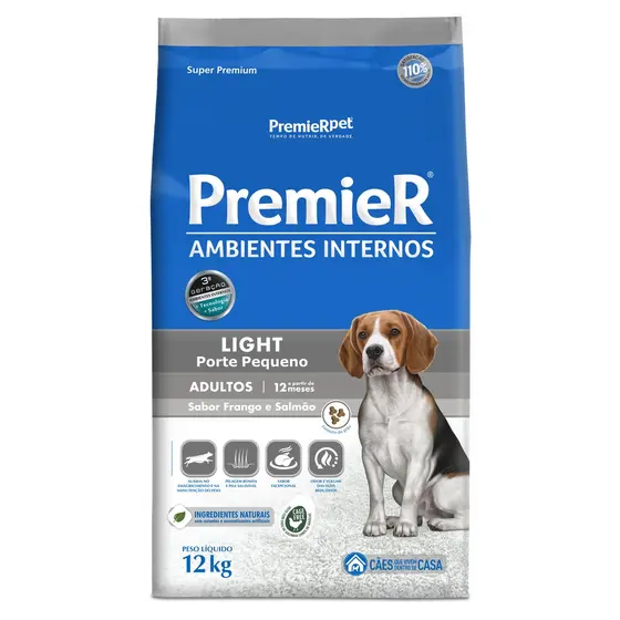 Ração Premier Ambientes Internos Light para Cães Adultos de Pequeno Porte Sabor Frango e Salmão - 12Kg