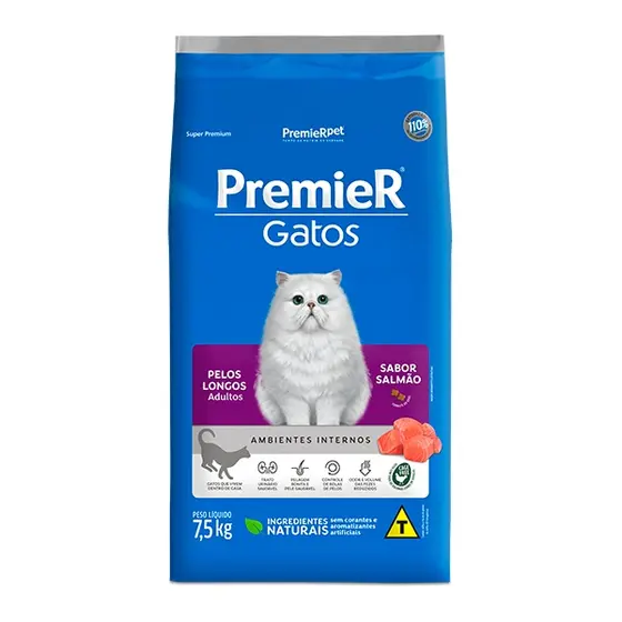 Ração Premier Ambientes Internos para Gatos Adultos com Pelos Longos Sabor Salmão - 7,5Kg