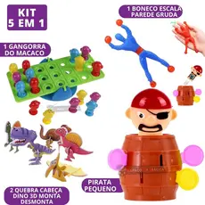 Kit Brinquedos Jogo De Mesa Pula Pirata + Bonecos Aranha Gruda Escala + Jogo Gangorra Do Macaco + Quebra Cabeça Dino 3D