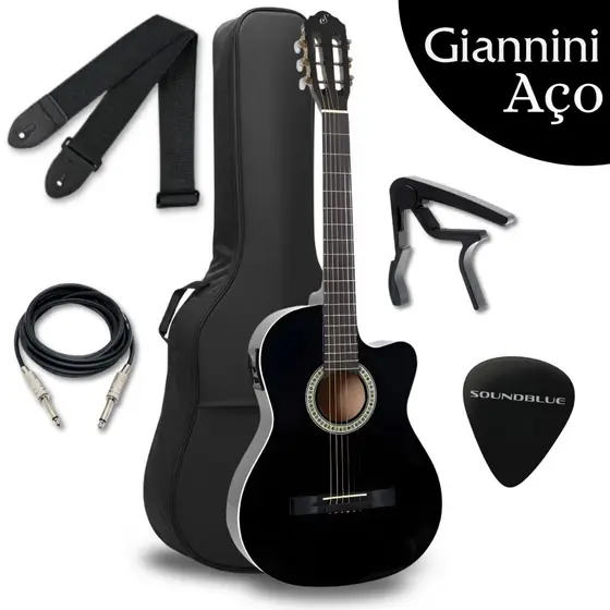 Kit Violao Giannini Eletrico Acustico Profissional Corda Aço Cutaway Preto Flat Eletroacustico Estudo Acessorio Completo