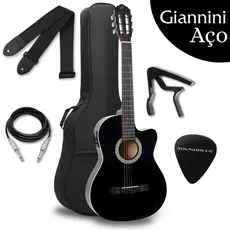 Kit Violao Giannini Eletrico Acustico Profissional Corda Aço Cutaway Preto Flat Eletroacustico Estudo Acessorio Completo