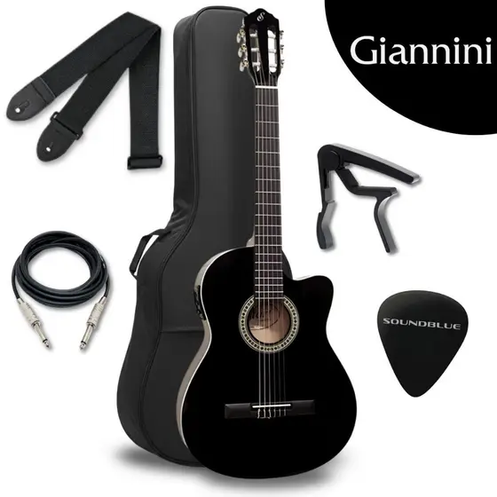 Kit Violao Giannini Eletrico Acustico Profissional Corda Nylon preto Brilhante Flat Eletroacustico Estudo Iniciante