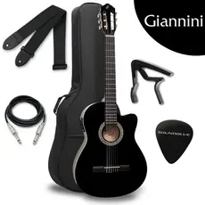 Kit Violao Giannini Eletrico Acustico Profissional Corda Nylon preto Brilhante Flat Eletroacustico Estudo Iniciante