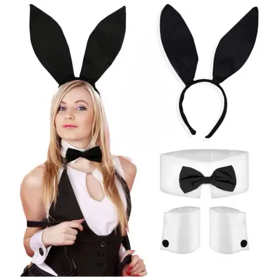 Kit Coelha 4PÇS Preto com Gravata - Fantasia de Halloween/Carnaval