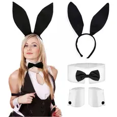 Kit Coelha 4PÇS Preto com Gravata - Fantasia de Halloween/Carnaval