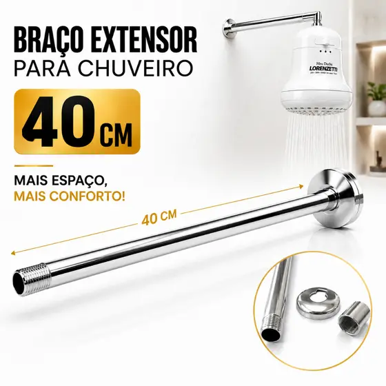 Cano Chuveiro Braço Ducha 40cm Metal Alumínio Polido Parede