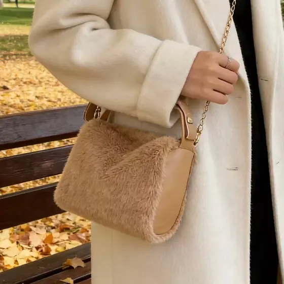 JAMI JAMI Bolsa Feminina De Pelúcia Lã Design Exclusivo Alça Em Formato De Pétala Bolsa De Transversal Com Corrente 5354