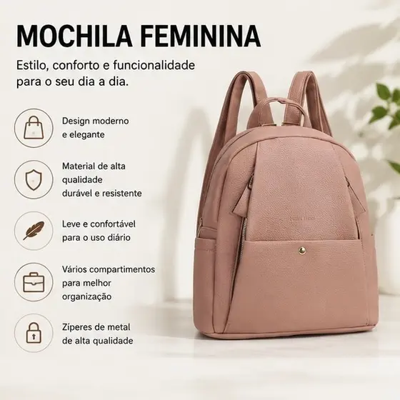 JAMI JAMI Bolsa Mochila Media Feminina Minimalista Elegante com Textura de Lichia Texturizada PU Casual Compacta B707
