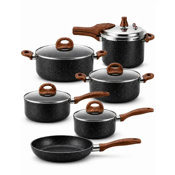 Jogo De Panelas Brinox Cerâmica Antiaderente Indução Com Panela De Pressão 4,2 L Granito Preta 6 Peças