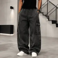 Calça Cargo Masculina Baggy Wide Leg Skate Oversized 6 Bolsos Cintura Elástica com Cordão Streetwear