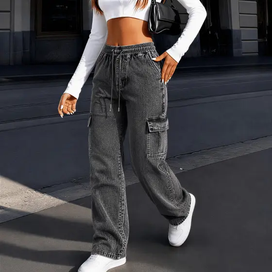 Calça Cargo Feminina Cintura Alta Sarja Sem Punho Wide Leg Bolsos Cargo Moda Blogueira Tendência Casual Premium