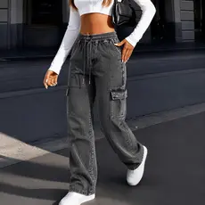 Calça Cargo Feminina Cintura Alta Sarja Sem Punho Wide Leg Bolsos Cargo Moda Blogueira Tendência Casual Premium