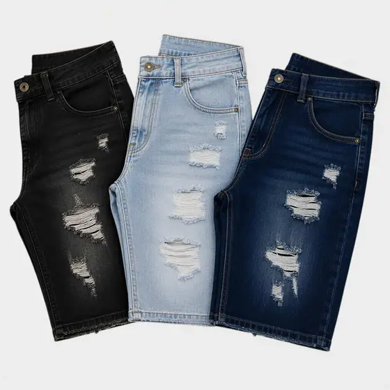 KIT 2 ou 3 Bermudas Masculinas Jeans Rasgadas Estilo Jogador Casual Linha Premium Alta Qualidade Conforto Verão