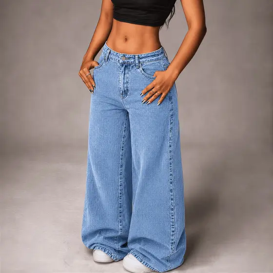 Calça Balão Jeans Feminina Baggy Wide Leg de Perna Larga Casual e Lavado para Mulheres