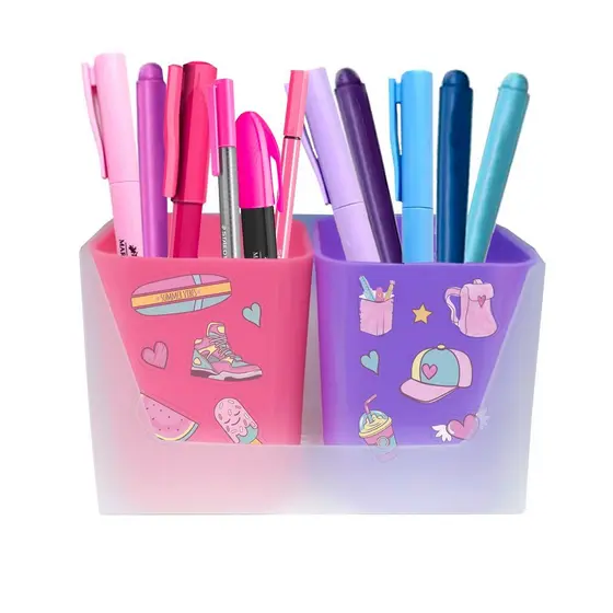 Porta Objetos Organizador de Mesa c/ 2 potes e Adesivos Dello - Kit Duo Collor