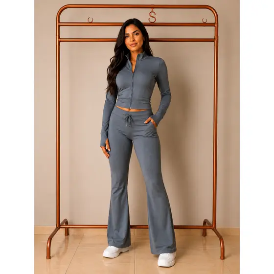 Conjunto Feminino Suplex Premium Cropped e Calça Flare Moda Gringa Luxo