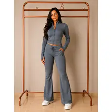 Conjunto Feminino Suplex Premium Cropped e Calça Flare Moda Gringa Luxo