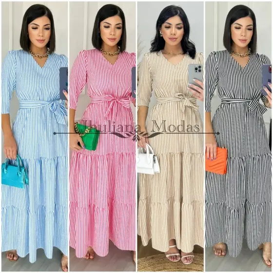 Vestido longo feminino no tecido crepe seda listrado com manga 3/4