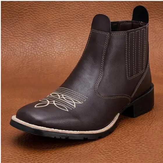 Botina Bota Masculina Café Solado Costurado Bordado Palha