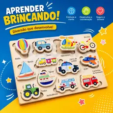 Brinquedo Educativo Quebra-Cabeça Madeira Montessori Infantil Bebê Coordenação Motora Meios de Transporte