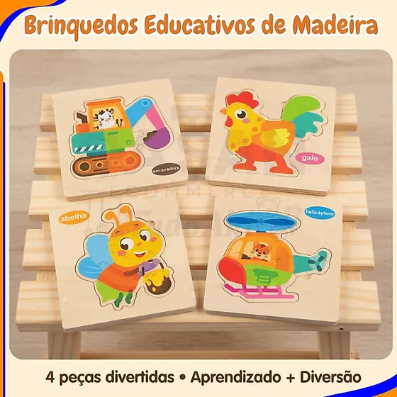 Quebra Cabeça Brinquedo Educativo Infantil Completo Madeira Aprender Brincando tema animais
