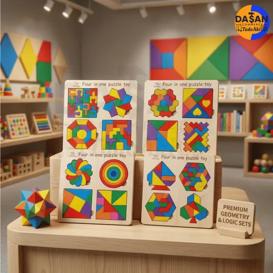 Montessori 4 em 1 Tangram Quebra-Cabeça de Madeira Colorido
