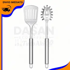Utensílios Cozinha Aço Inox Espátula Vazada e Pegador de Massa.