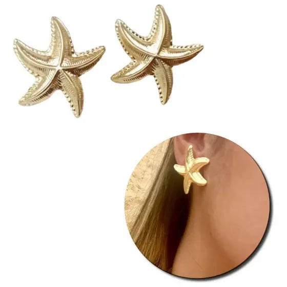 Brinco Estrela Do Mar Dourado Aço Inoxidável Antialérgico