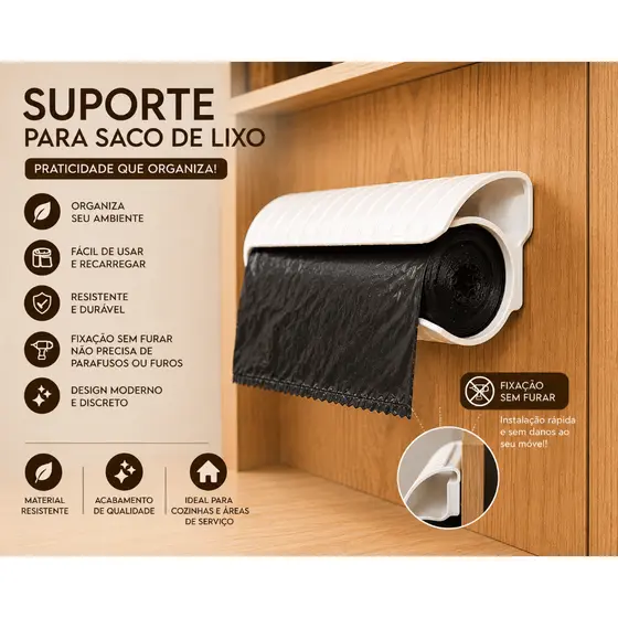 Suporte Porta Saco de Lixo em Rolo Organizador para Cozinha e Área de Serviço