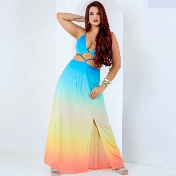 Vestido Feminino Longo  Com Fenda Vestido Degradê Estiloso Luxo Estampado Costa Nua Estilo Verão