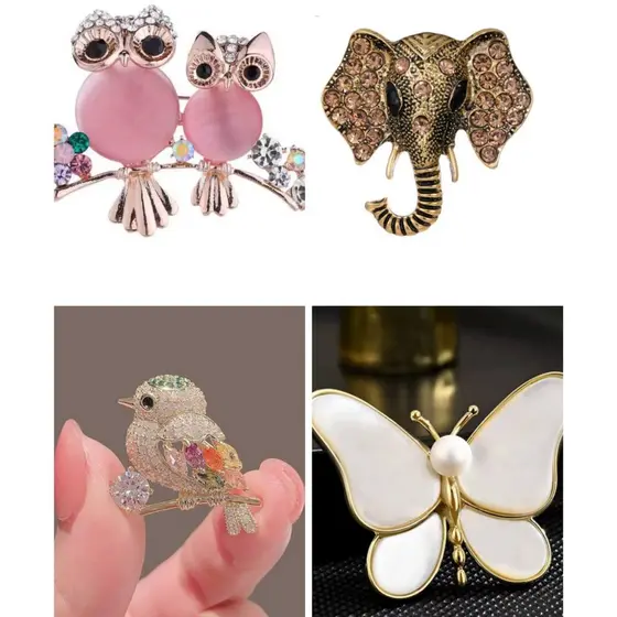 Broche de Luxo Animais Elefante Borboleta Coruja Passarinho Gato