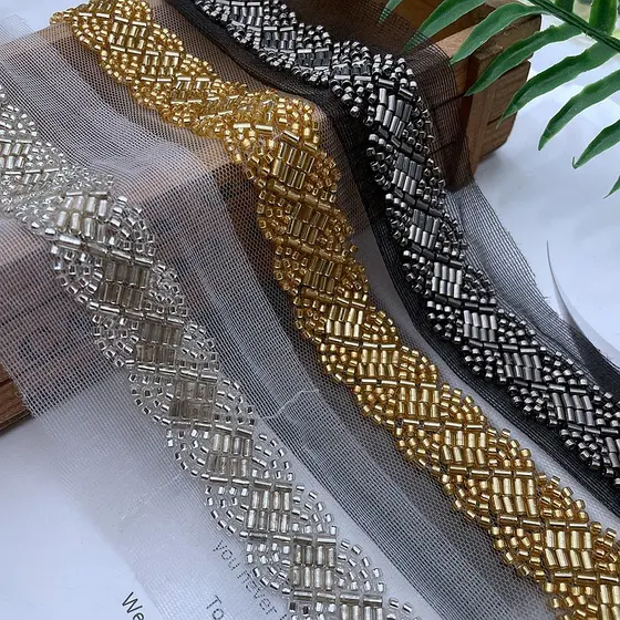 Fita de Canutilho Bordado Brilho para  Vestido Noiva Cinto Casamento