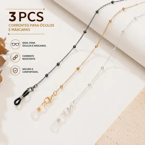 Kit 3 Corrente Cordão Para Óculos Prata Grafite Dourada Bolinha