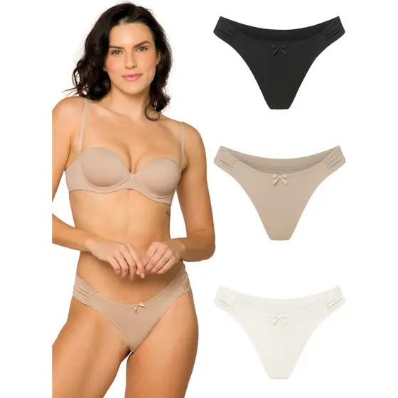 Kit 3 Calcinhas Com Lateral Em Dupla Camada Poliamida Confortável