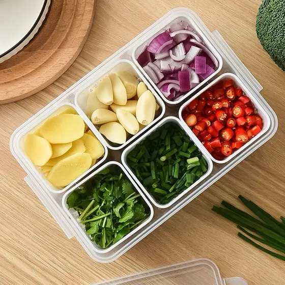 divisórias 6 Frigorífico Caixa Para Armazenamento De Frutas E Legumes/Cozinha Recipiente Dividido De Cebola Verde Picada