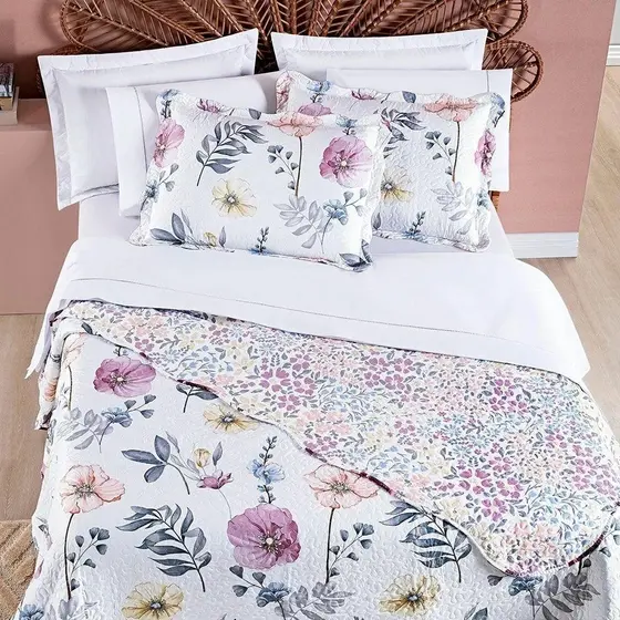 Kit Cobre Leito Colcha SOPHIA CASAL Estampado Dupla Face Floral 3 Peças -  -TOQUE DE PESSEGO
