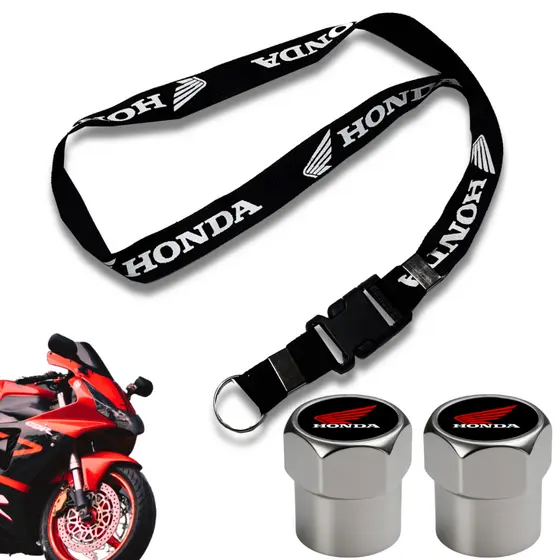 Cordão Moto Chaveiro Pescoço + 2 Bico Válvula Pneu Kit Motoboy Acessórios Tuning