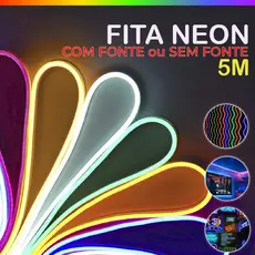 Fita de LED Mangueira Neon 5 Metros IP65 Flexível Com ou Sem Fonte