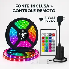 Fita LED 2835/3528 5M RGB Flexível Multicolor com Fonte e Controle Remoto Decoração Casa