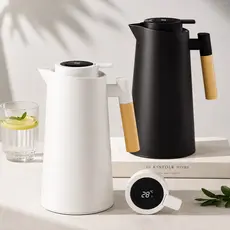 Garrafa Térmica 1 Litro com Termômetro LED Inoxidável para Café Chá Água Cabo de Madeira