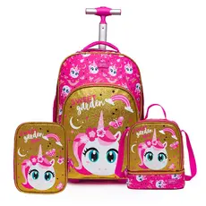 Kit Mochila Spector Infantil Rodinhas Estojo Grande Espaçoso Lancheira Térmica Unicórnio 32L